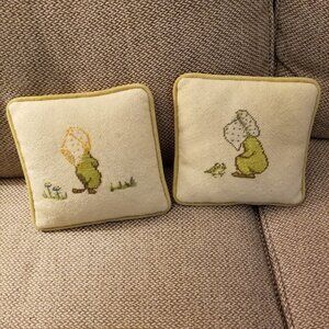2 Small Pillows, Cross Stitch Frog, Cute Neutral Handmade Primitive Boho Prairie